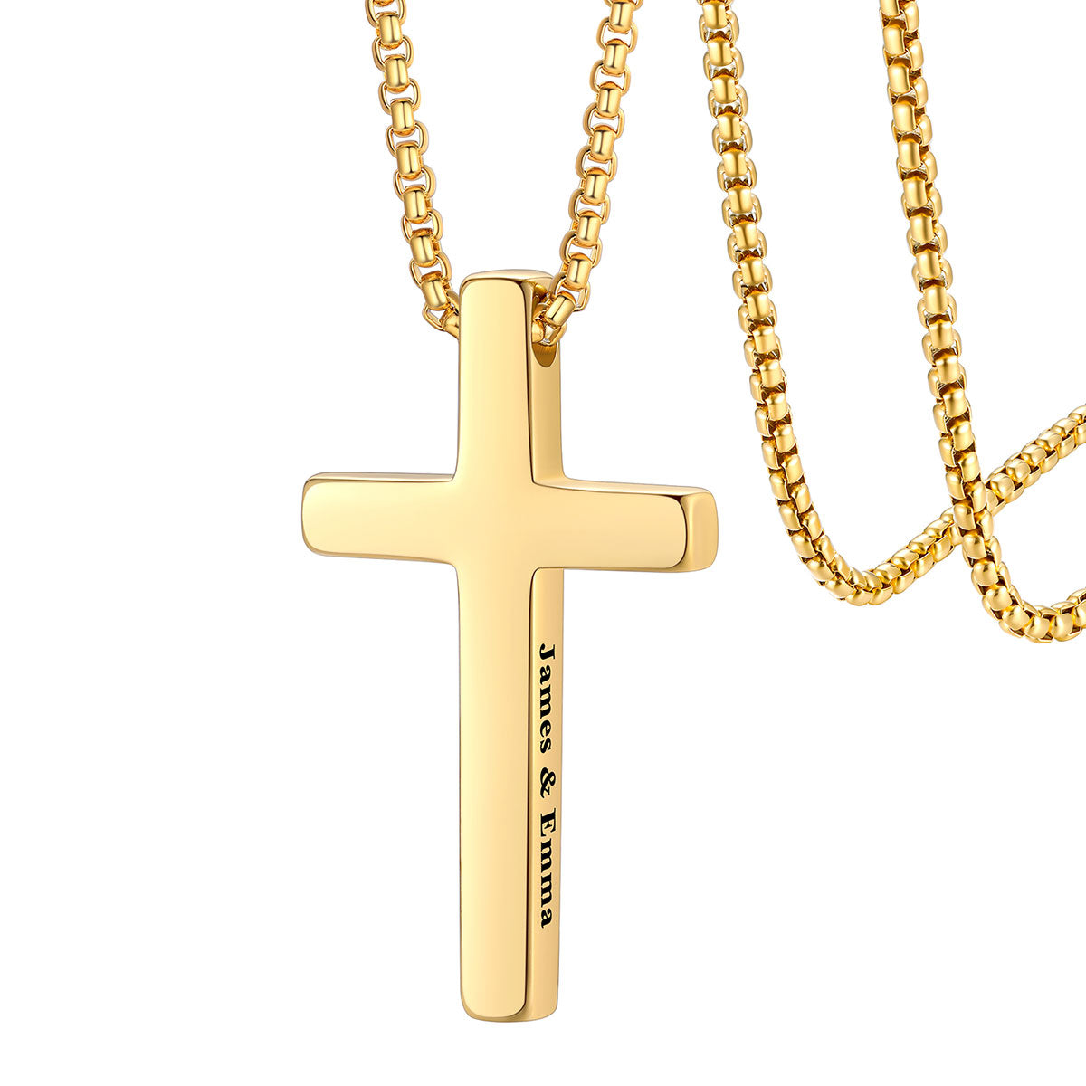 Engraved Gold cross necklace on a white background