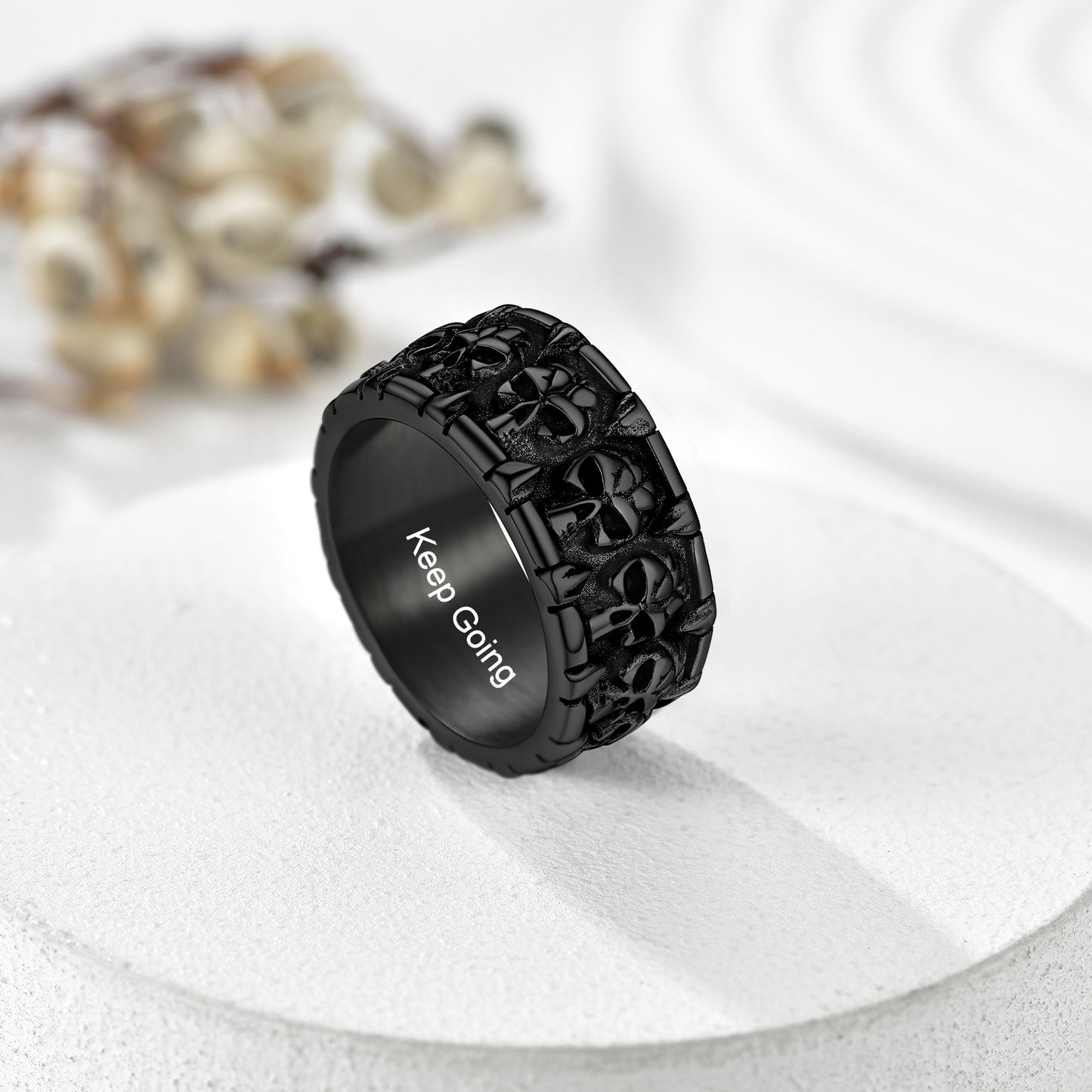 Engraved Gothic Skull Ring in black plated