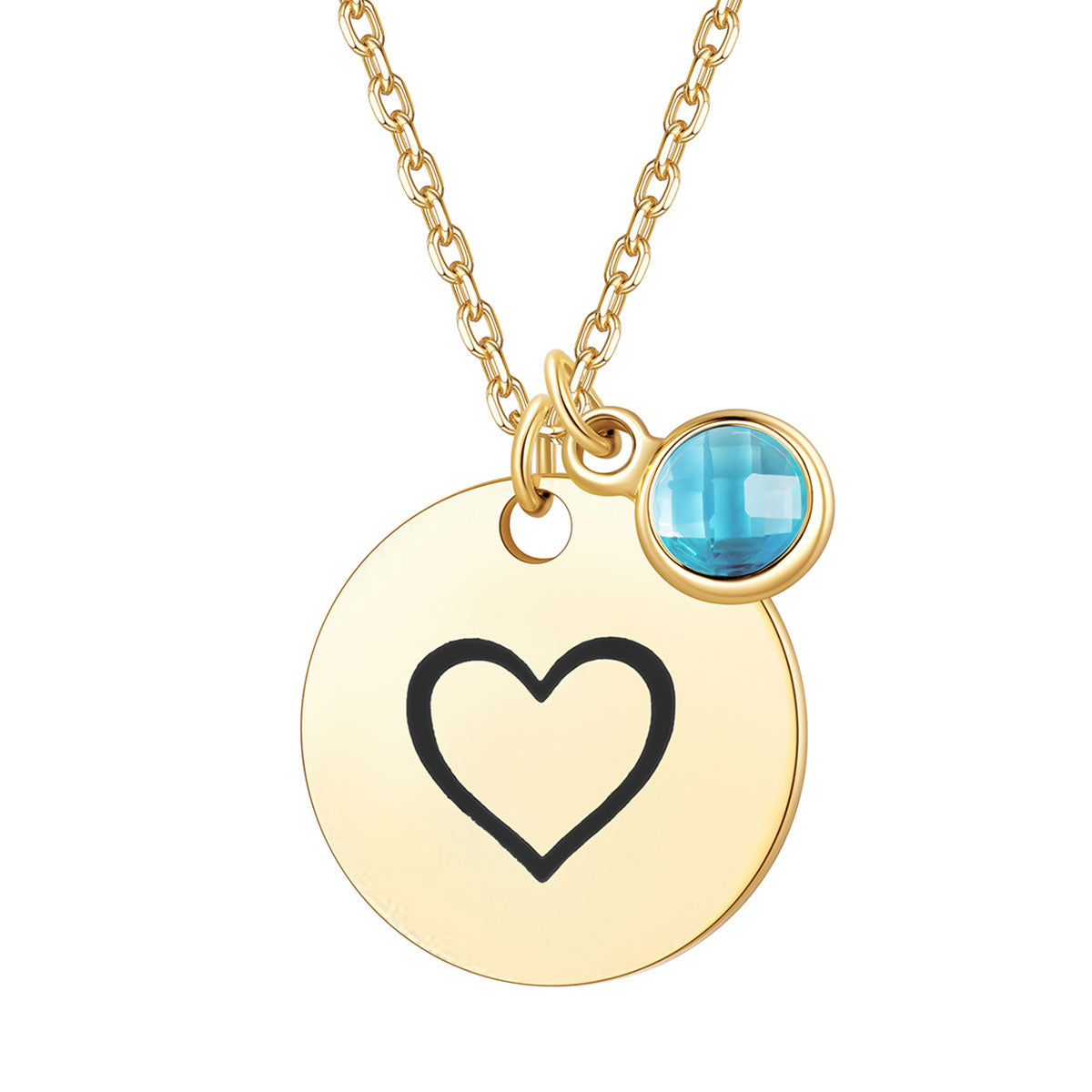 Engraved Icon Round Tag Disc Necklace with Birthstone on a white background