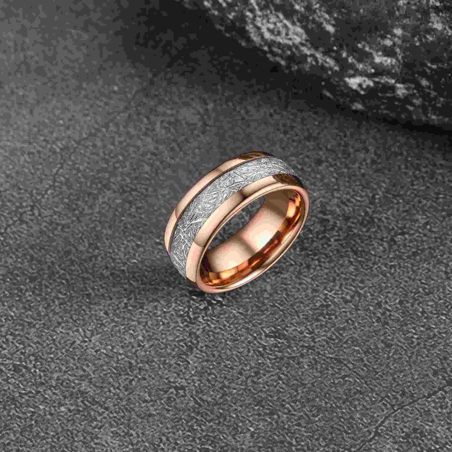 Engraved Meteorite Inlay Tungsten Carbide Promise Ring