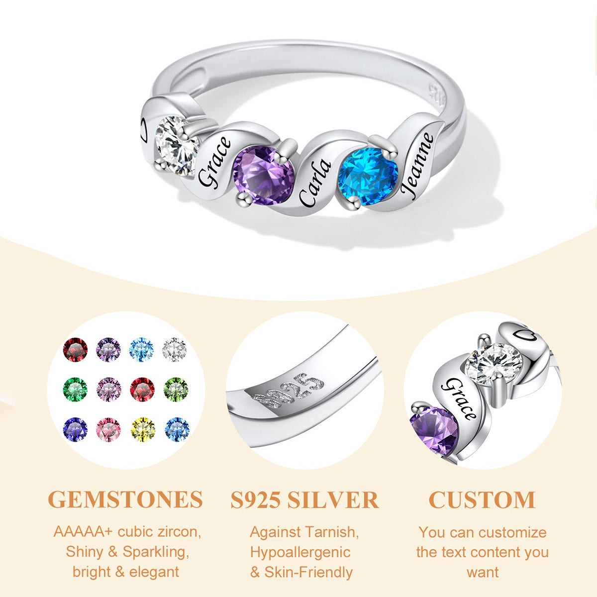Engraved Mothers Birthstone Ring with Names Detail,AAAAA+ gemstones, 925 sterling silver, custom text