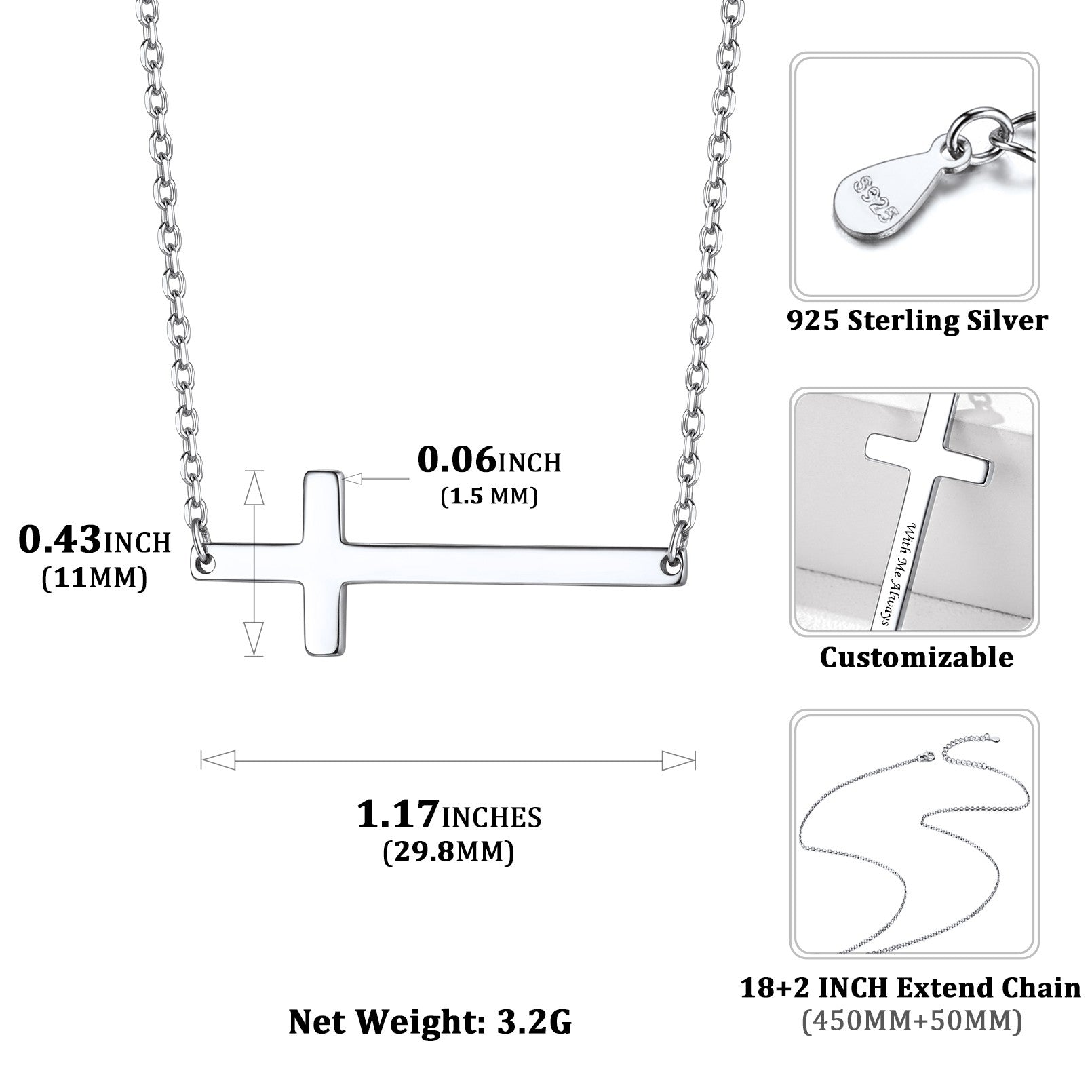 Engraved Sideways Cross Necklace Dimension, Durable