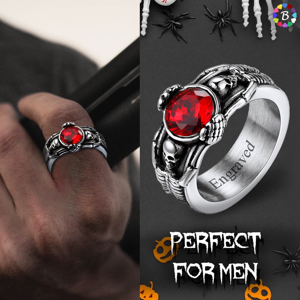 Engraved Skull Gemstone Ring for Men