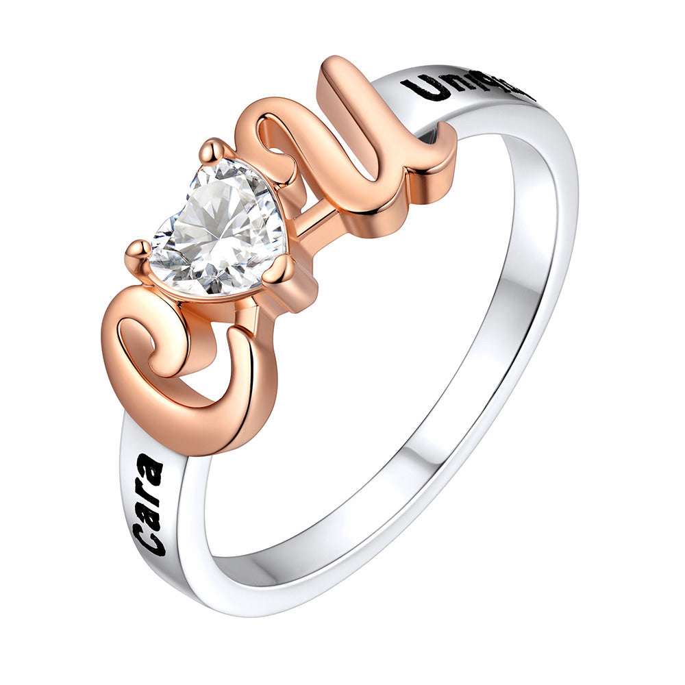 Custom Engraving Initial-Heart Birthstone Rings for Women rose gold