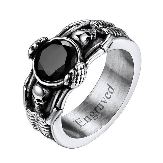 Engraving Black Onyx Skull Band Ring for Men