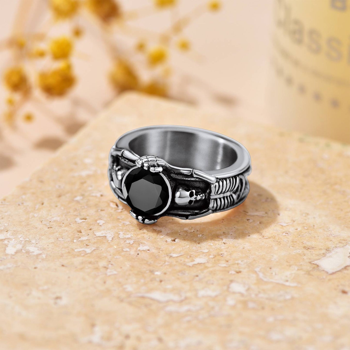 Engraving Black Onyx Skull Band Ring in Stainless Steel