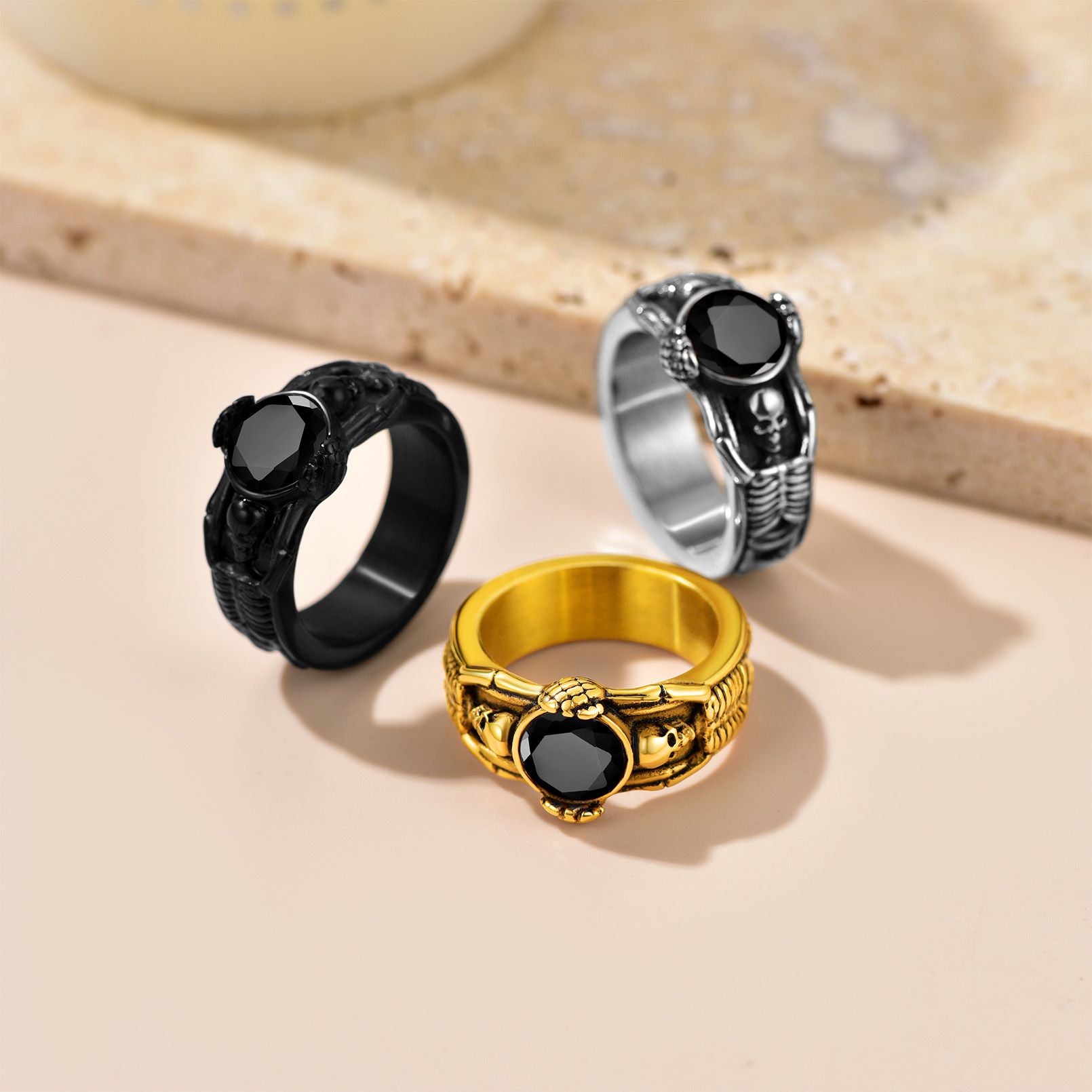 Engraving Black Onyx Skull Band Ring in different color