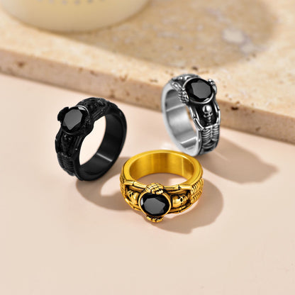 Engraving Black Onyx Skull Band Ring in different color