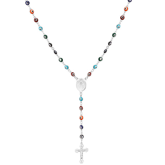 Evil Eye Rosary Beads Necklace with Cross