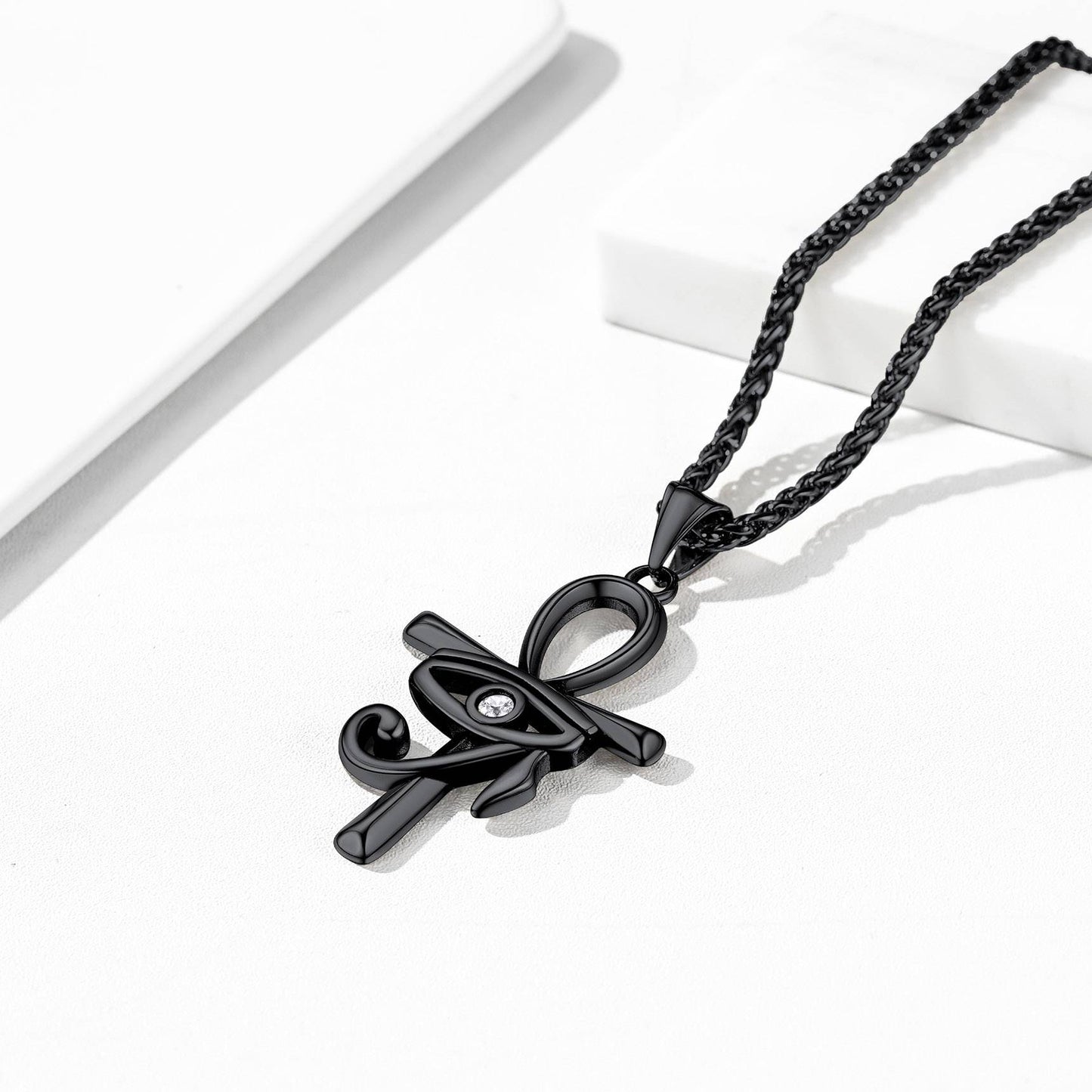 Eye of Horus Ankh Cross Necklace Black Plated