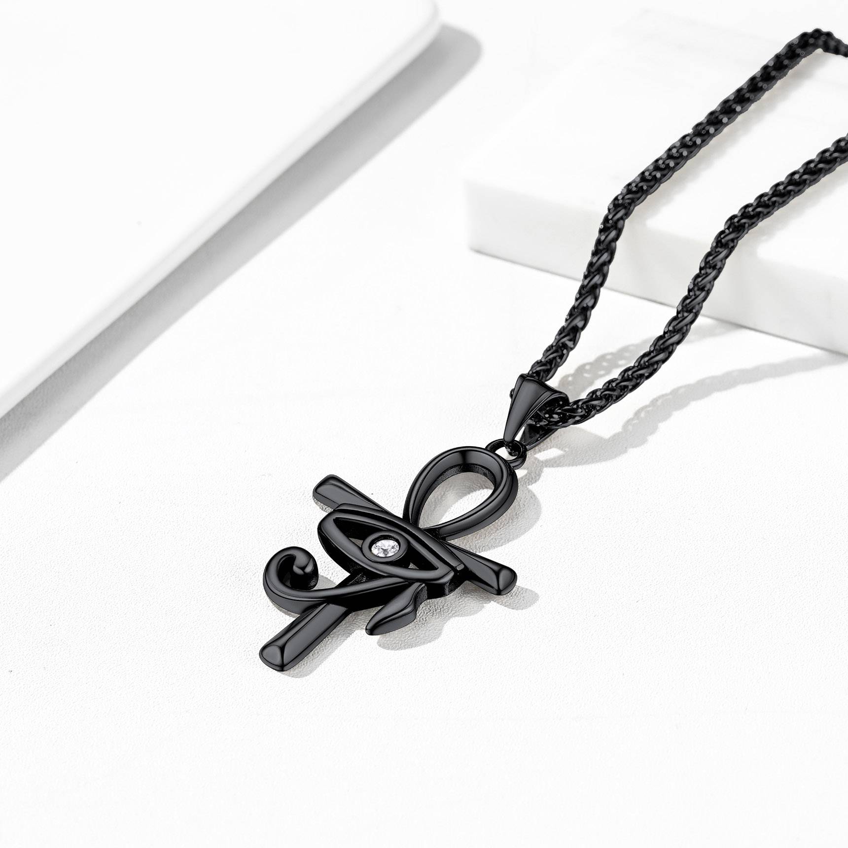 Eye of Horus Ankh Cross Necklace Black Plated