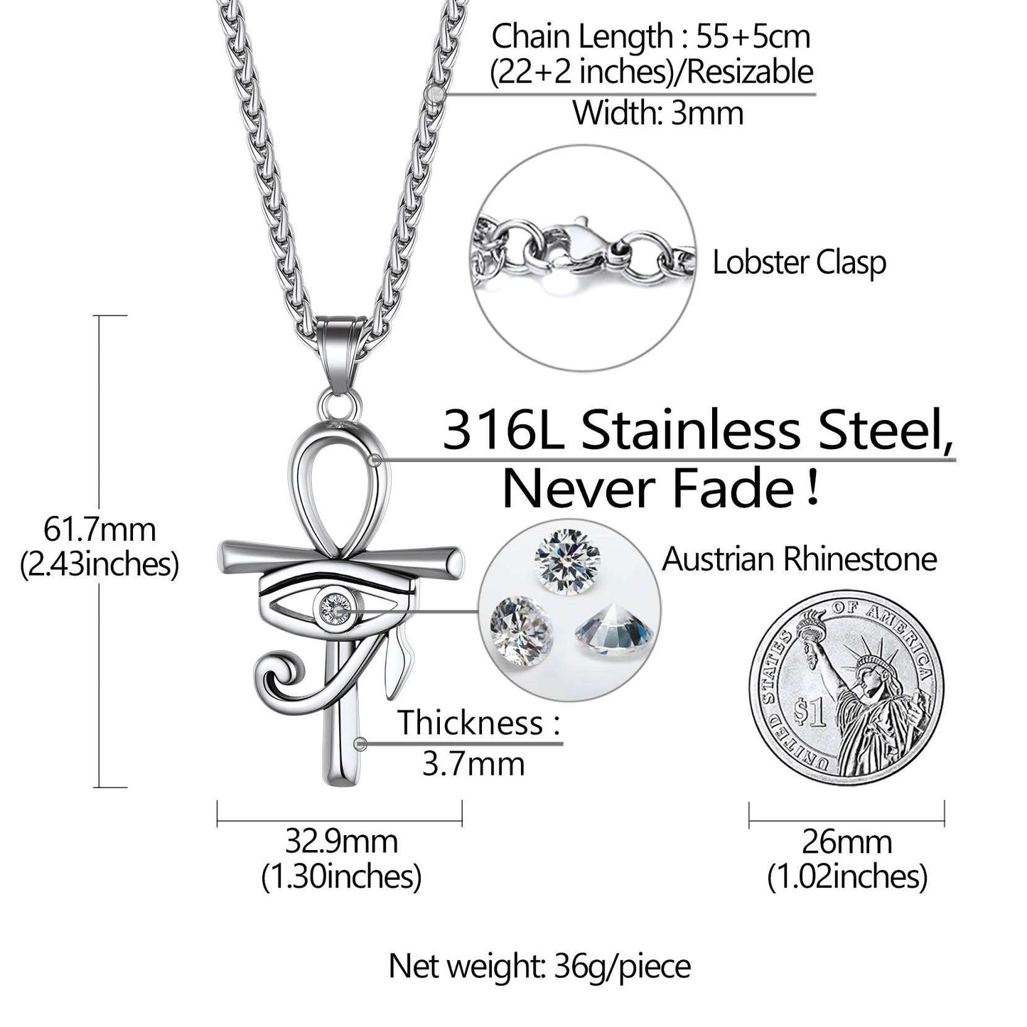 Eye of Horus Ankh Cross Necklace: Dimension, Durable, Solid