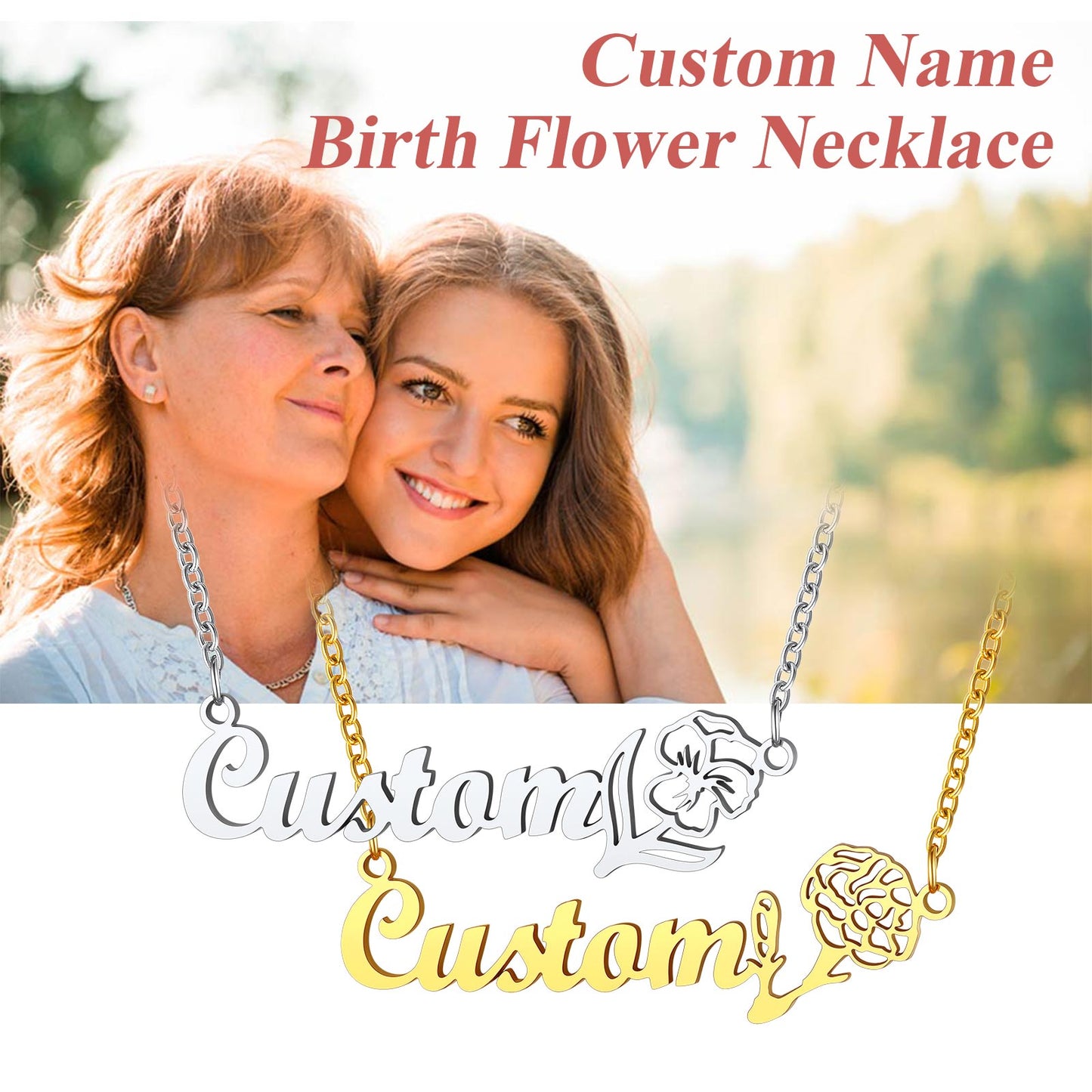 Dainty Birth Flower Necklace with Customized Name Plate Pendant
