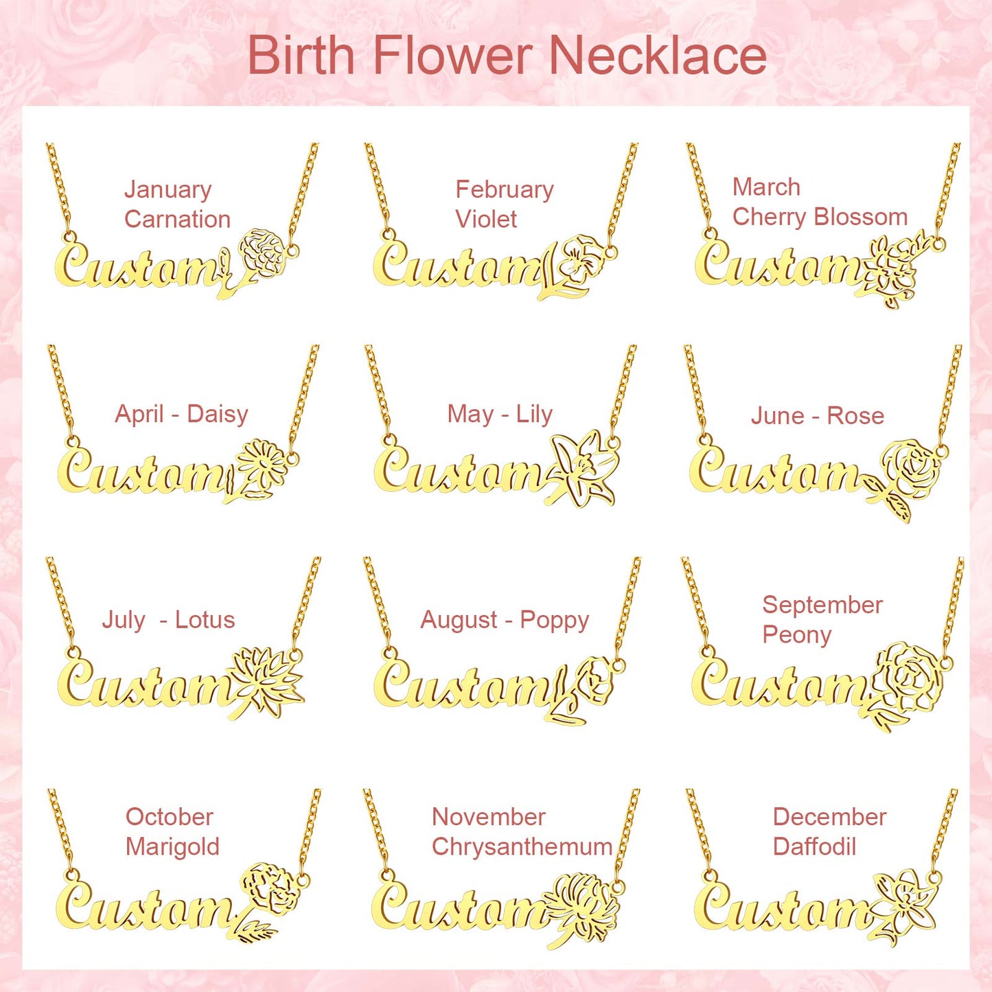 Custom Birth Flower Name Neckalce for Women