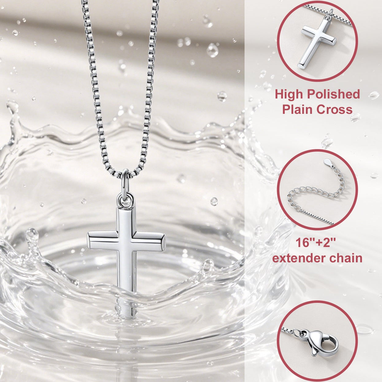 Silver cross pendant necklace with water droplets and product details on a white background