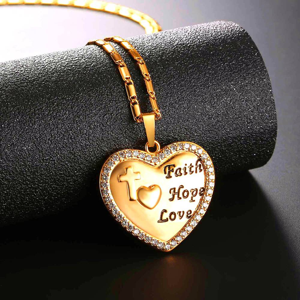 Faith Hope Love Heart Necklace Gold Plated