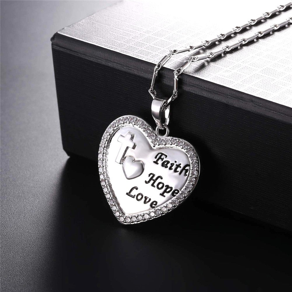 Faith Hope Love Heart Necklace Stainless Steel