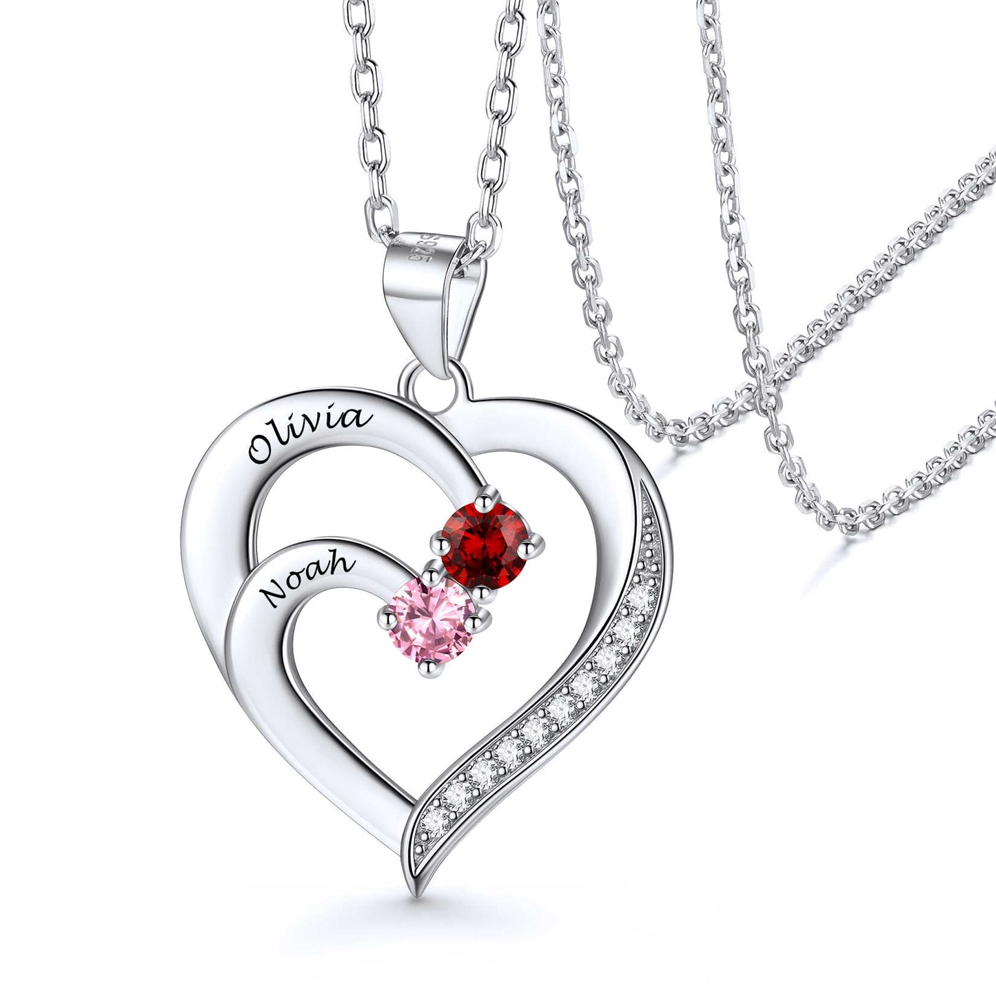 Family Birthstone Heart Necklace With Names for Women