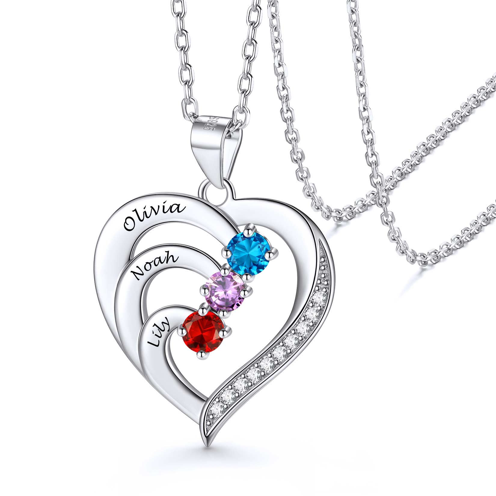 Family Birthstone Heart Necklace Names
