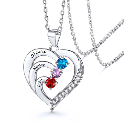 Family Birthstone Heart Necklace With Names for Women