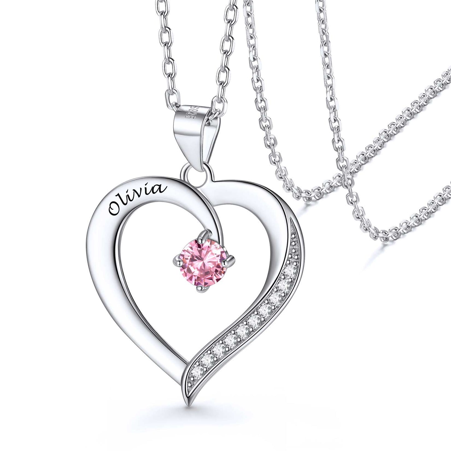 Family Birthstone Heart Necklace With Names for Women