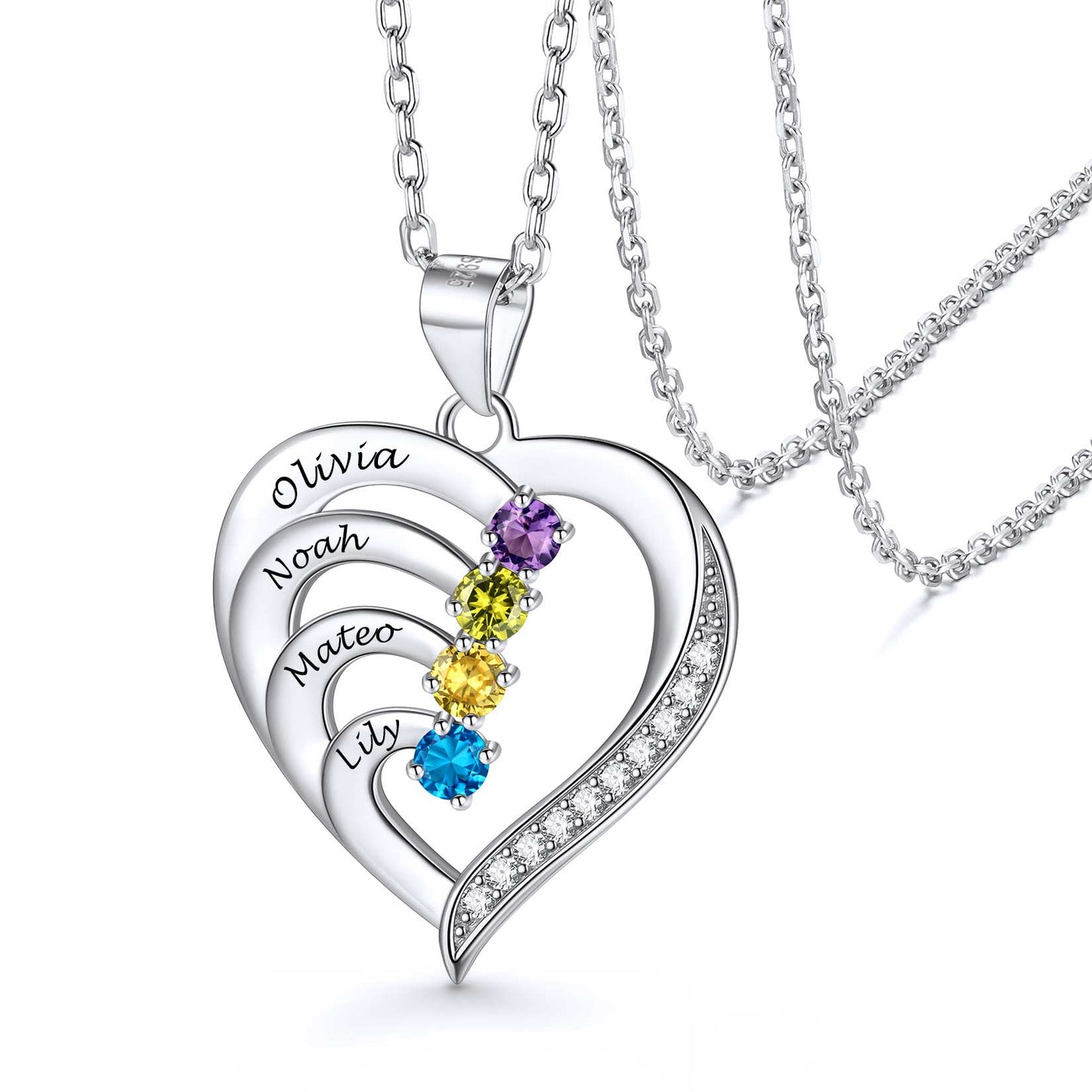 Family Birthstone Heart Necklace With Names for Women