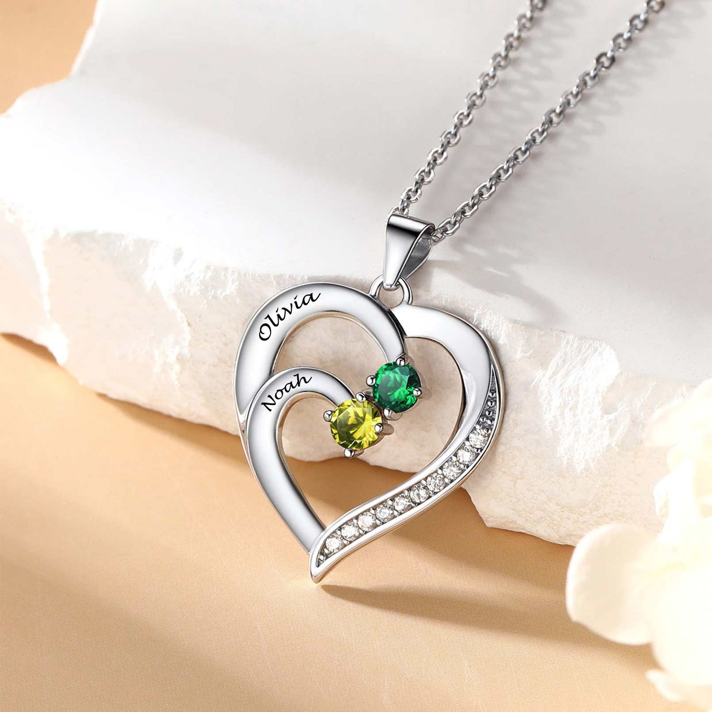 Family Birthstone Heart Necklace With Names for Women