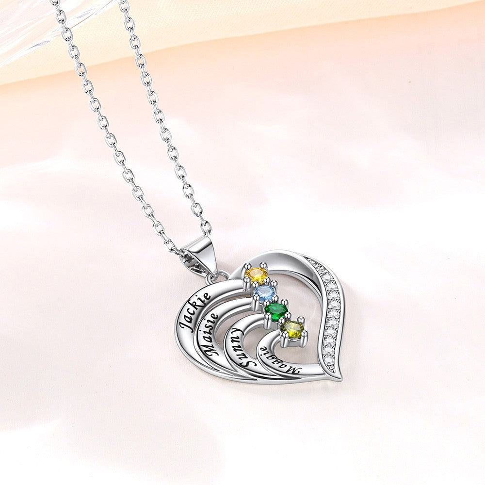 Family Birthstone Heart Necklace With 4 Names 