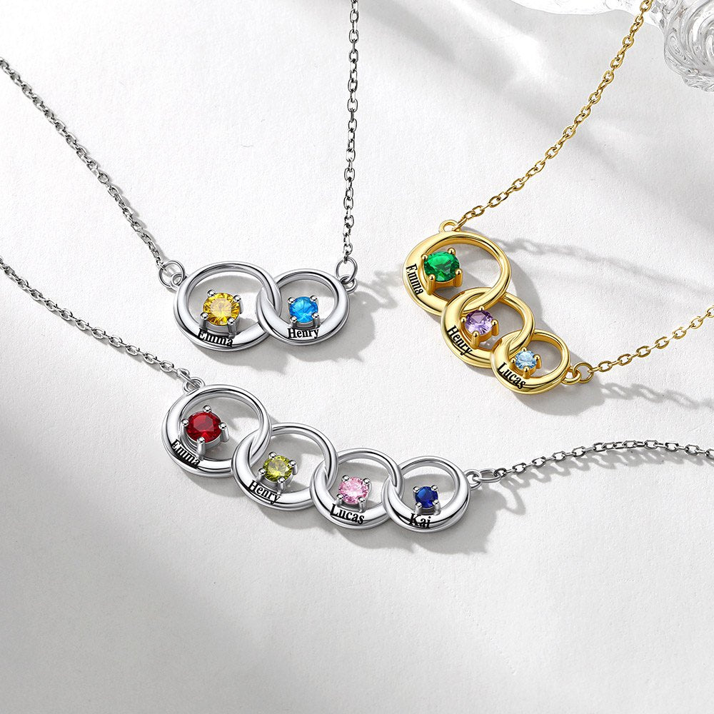Family Birthstones Necklace With 1-5 Interlocking Circles in different color