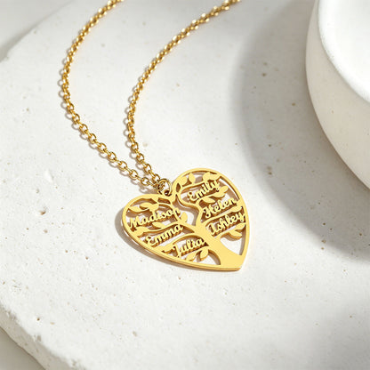 Family Tree of Life Heart Necklace with 1-8 Names in Gold Plated