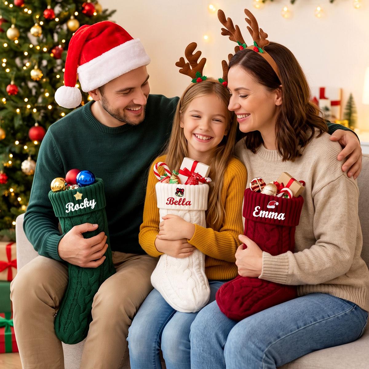 Family holding Personalized Embroidered Name Cable Knit Christmas Stocking with Holiday Decor