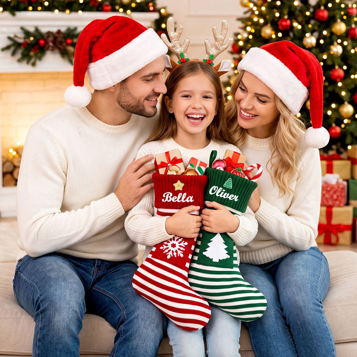 Family holding Personalized Embroidered Name Striped Christmas Stocking with Holiday Decor