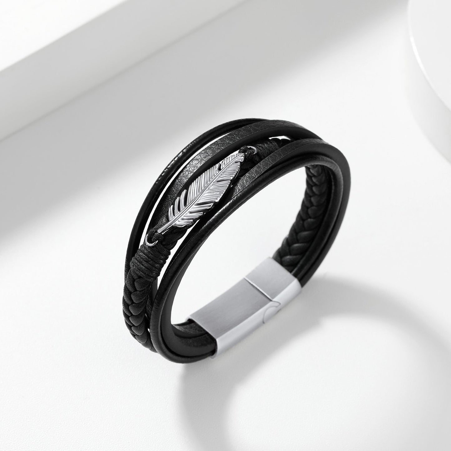 Feather Leaf Leather Bracelet Stainless Steel