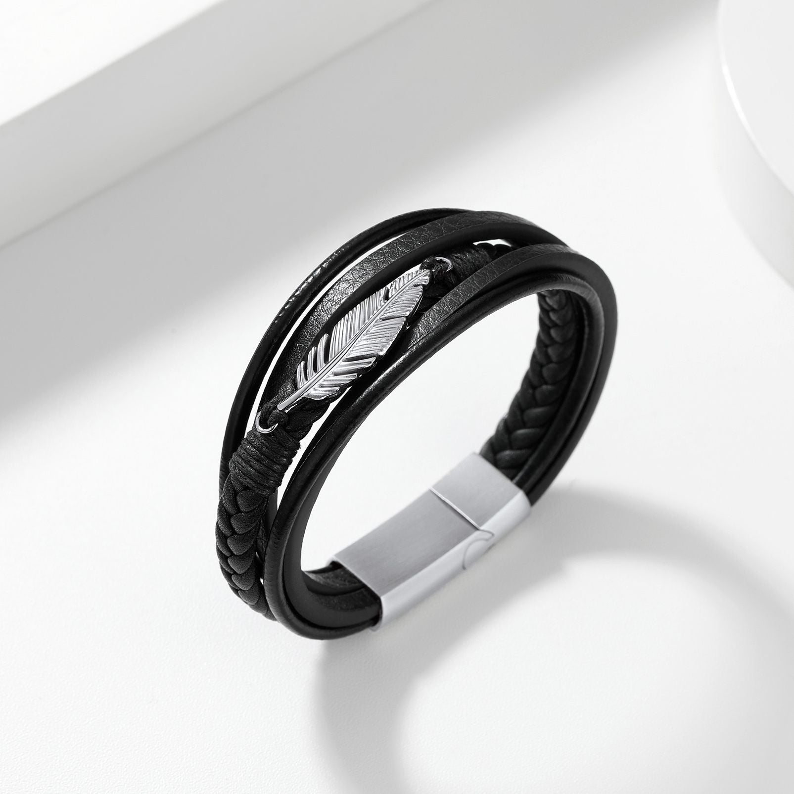 Feather Leaf Leather Bracelet Stainless Steel