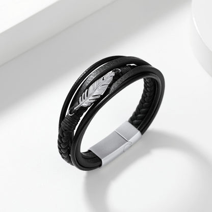 Feather Leaf Leather Bracelet Stainless Steel