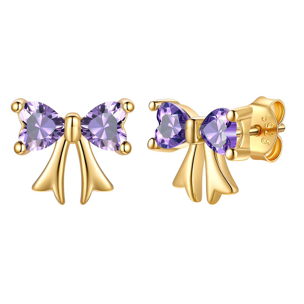 February Birthstone Bow Earrings Gold Plated