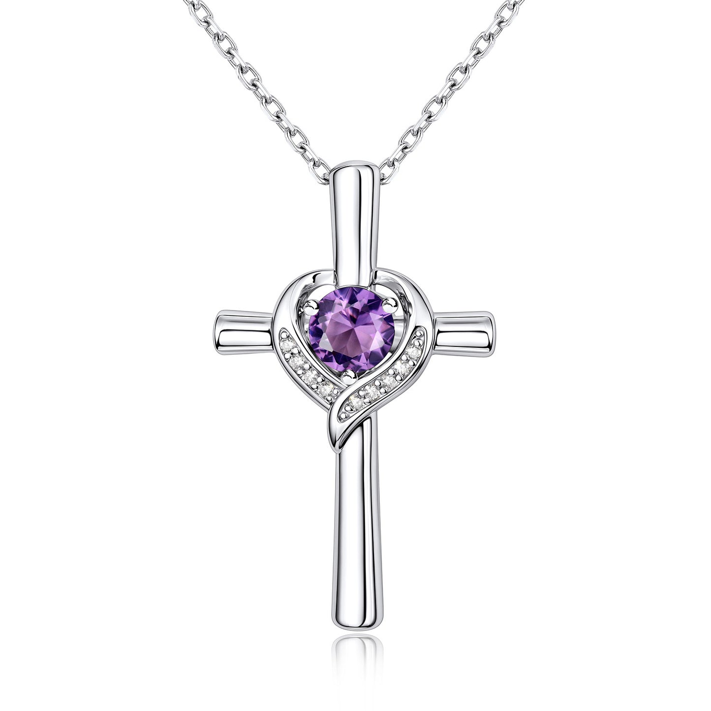 February Birthstone Cross Necklace For Women on a white background