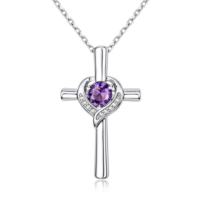 February Birthstone Cross Necklace For Women on a white background