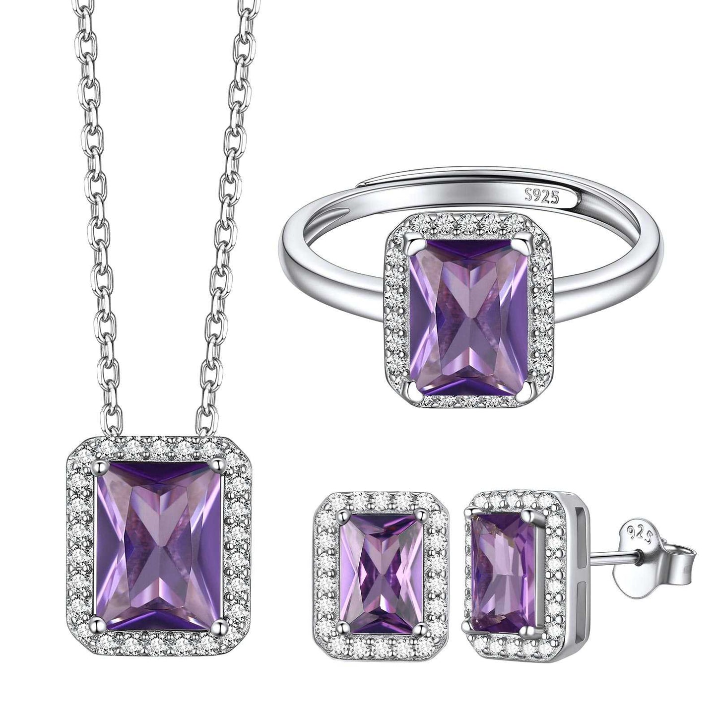 February Birthstone Emerald Cut Jewelry Set