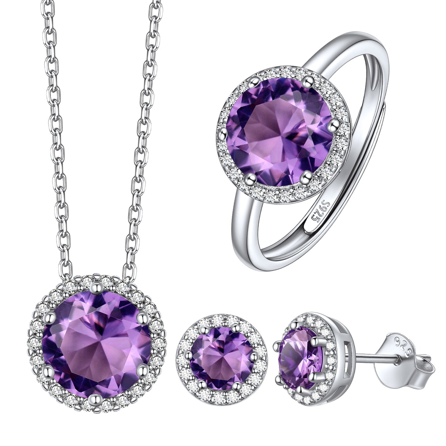 Round Halo Birthstone Jewelry Set