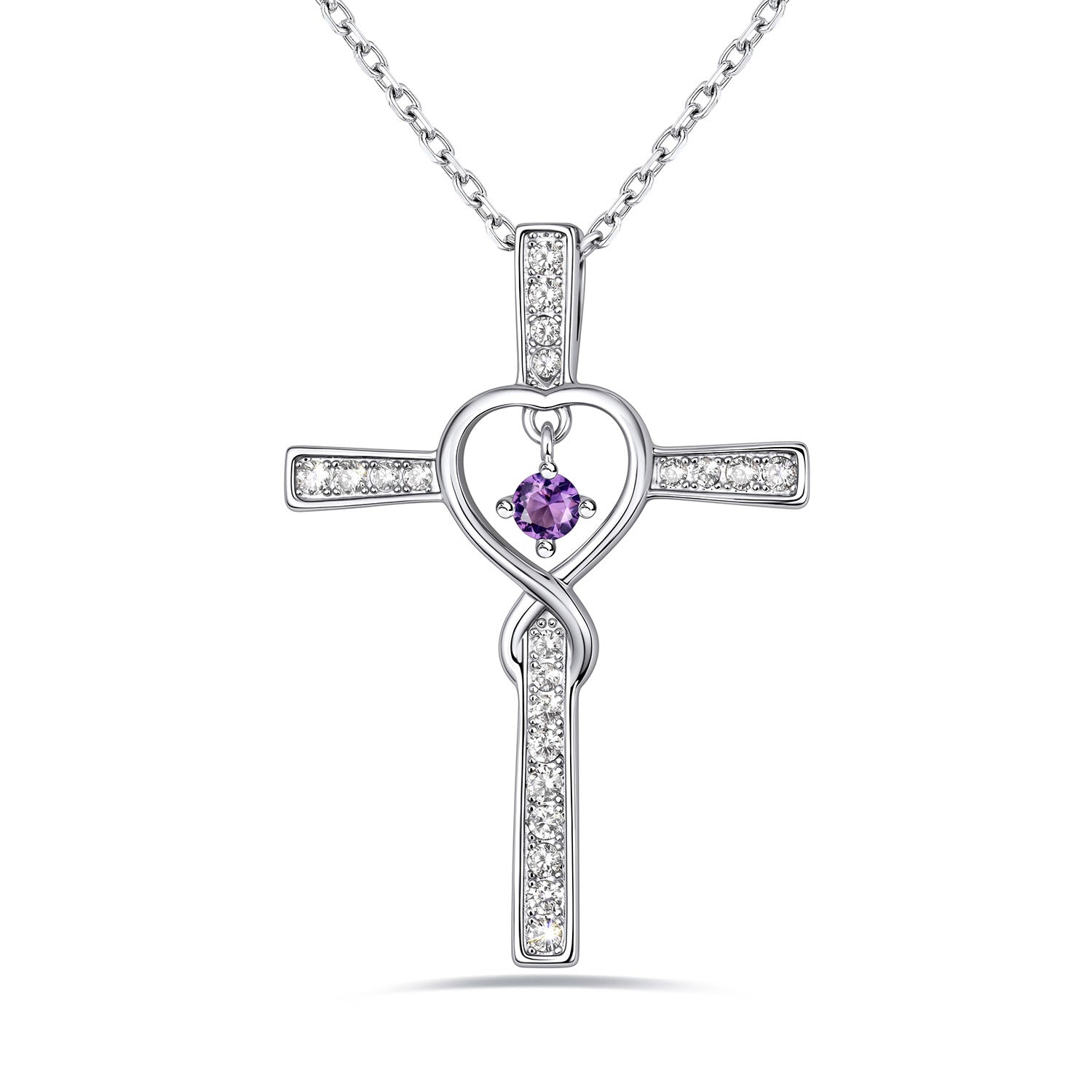 February Birthstone Infinity Cross Necklace For Women on a white background