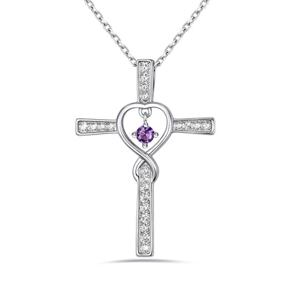 February Birthstone Infinity Cross Necklace For Women on a white background