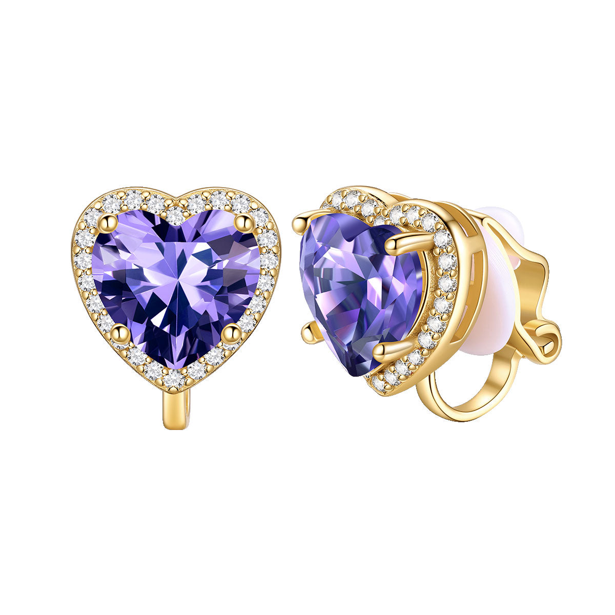 February Heart Birthstone Clip-on Earrings Gold Plated