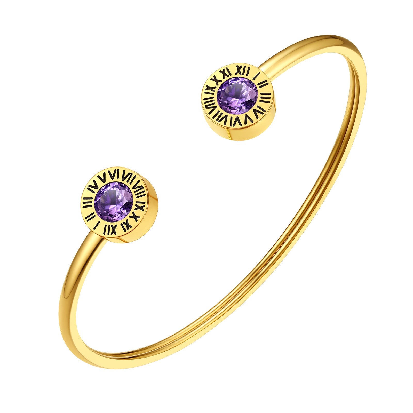 February Roman Numerals Birthstones Cuff Bracelet Gold