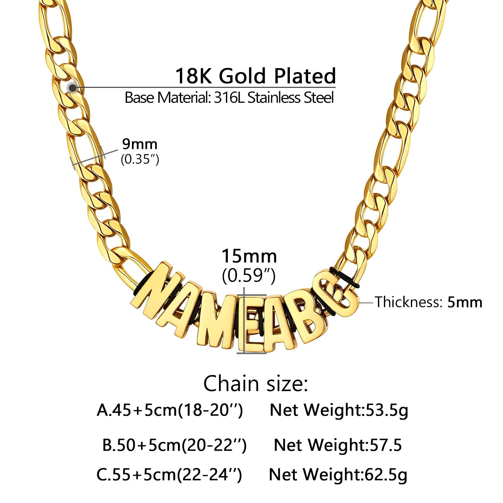 Figaro Chain Initial Name Necklace Dimension, Solid