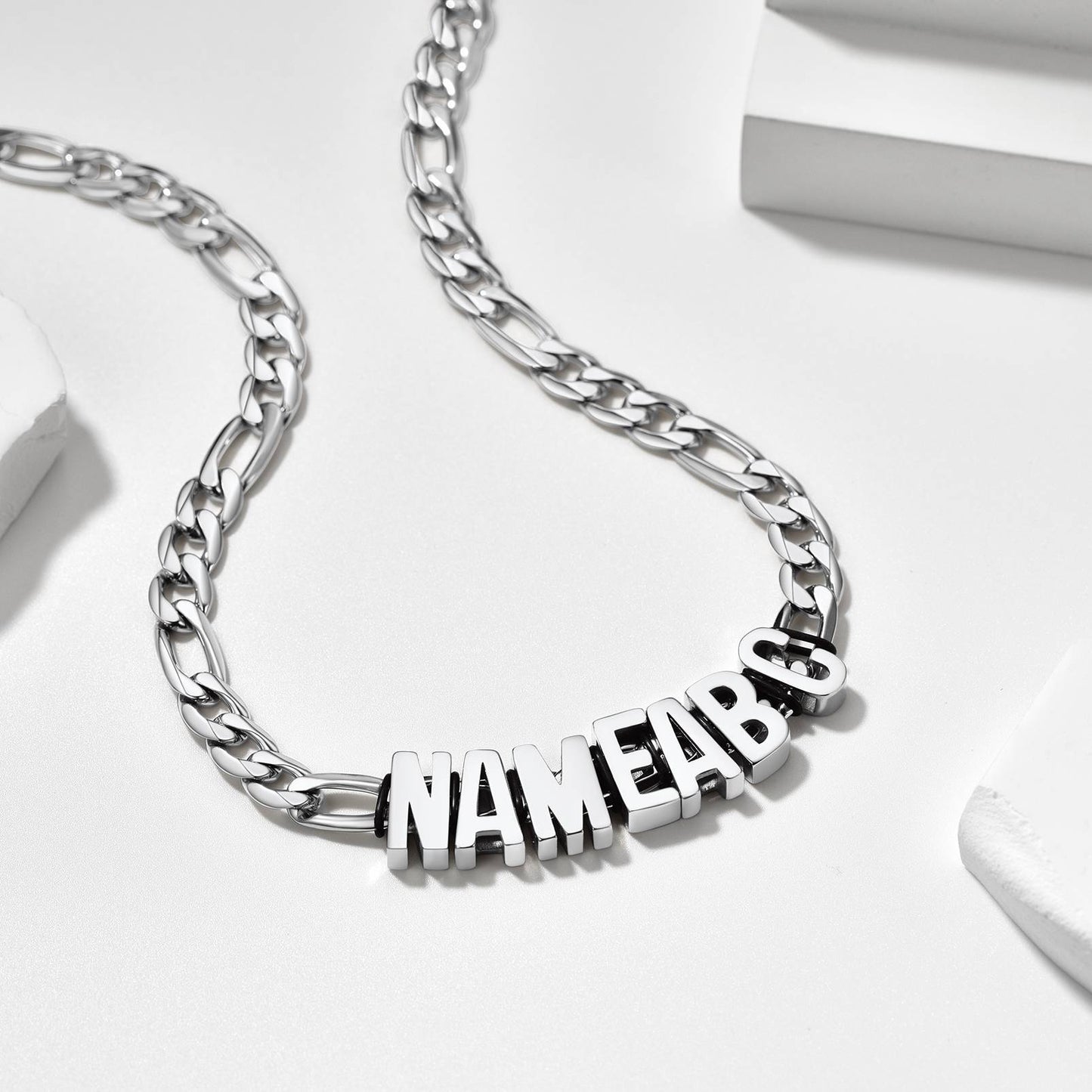 Figaro Chain Initial Name Necklace in Steel