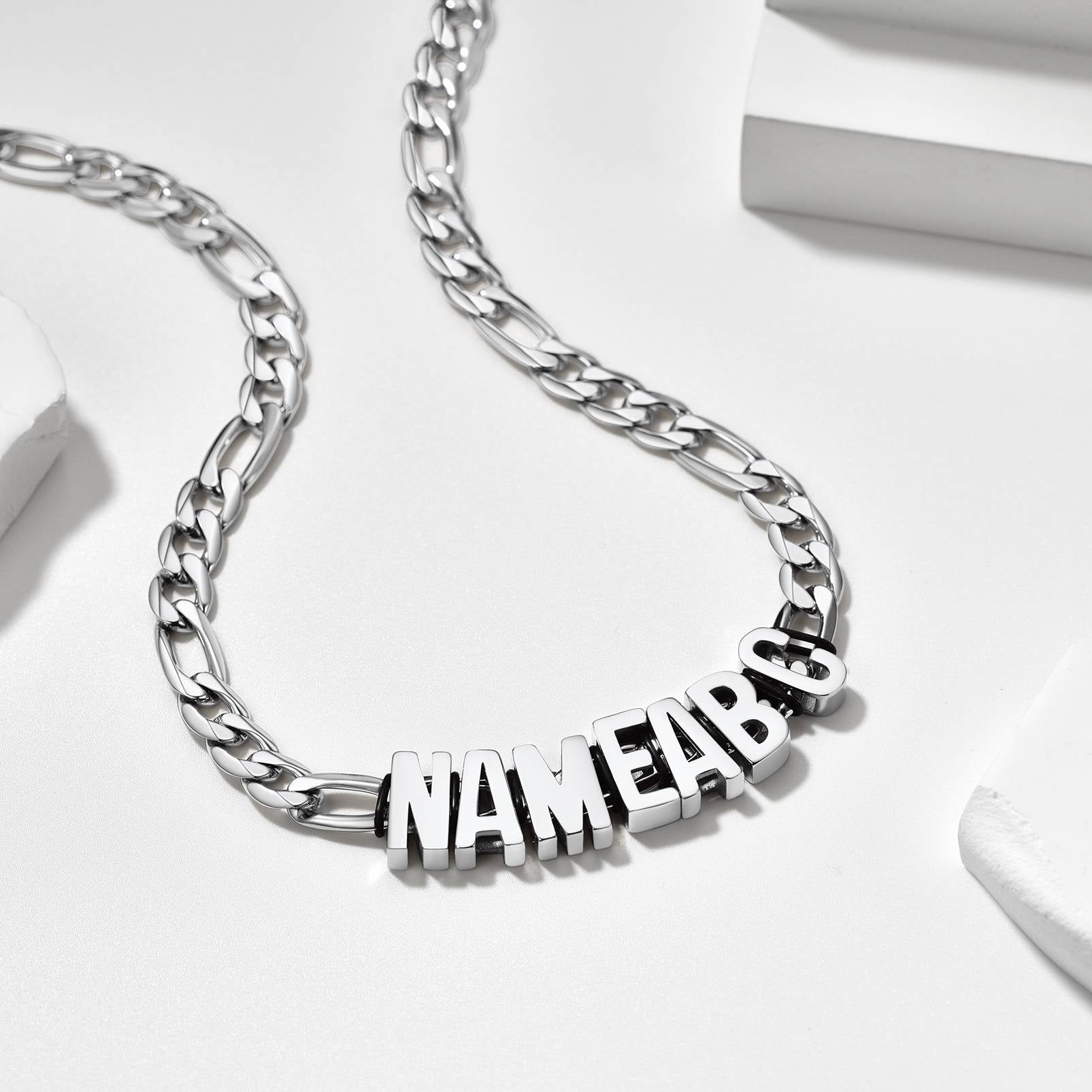 Figaro Chain Initial Name Necklace in Steel
