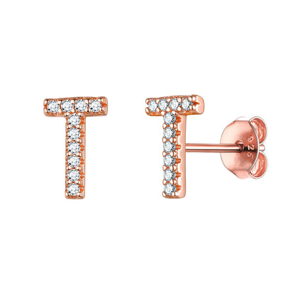 Flash Sale CZ Initial T Stud Earrings Rose Gold Plated