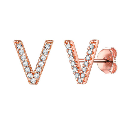 Flash Sale CZ Initial V Stud Earrings Rose Gold Plated
