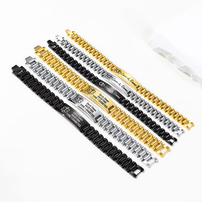 Four personalized stainless steel link Medical Alert bracelets in black, silver, and gold finishes, laid out diagonally on a white background with a small clear plastic bag in the upper right.
